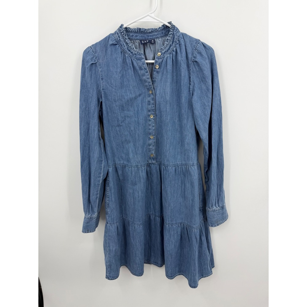 Gap Tiered Denim Mini Shirtdress Women XS‎ Blue Ruffle Neck Long Sleeve Pockets